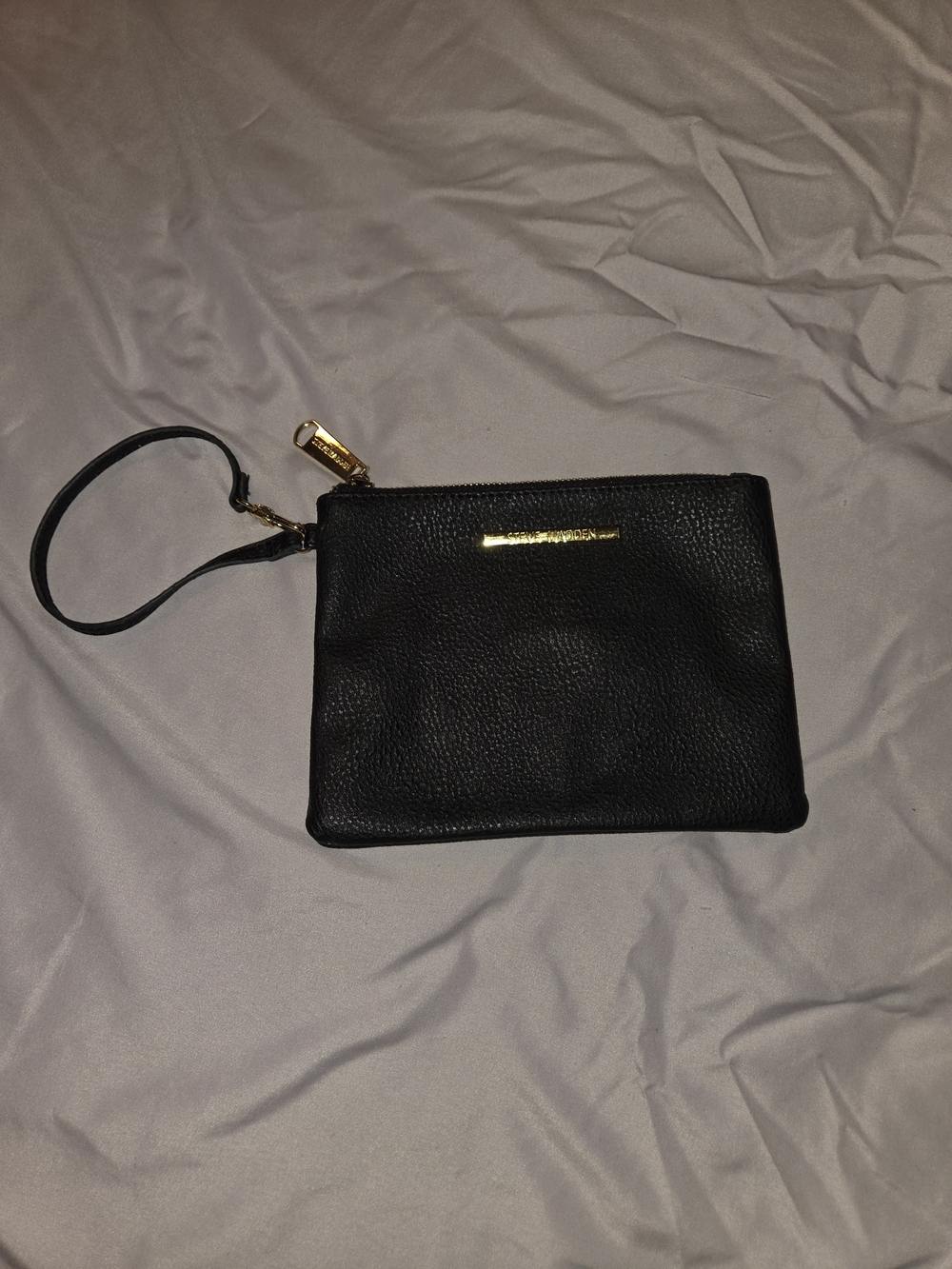 Black Leather Wristlet Clutch with Gold Trim